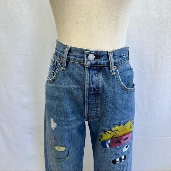 Levi's 501 custom hand‎ painted cartoon graffiti high waist jeans size 32x30 - Picture 5 of 16